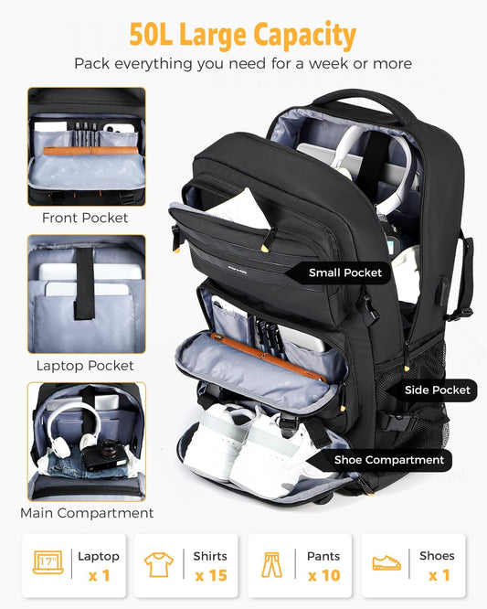 50L Vliegtuigklare Omgebouwde Reisrugzak met Schoencompartiment en USB-poort