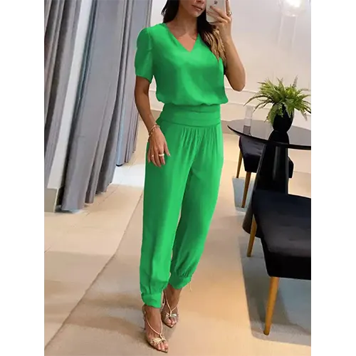 Trendy dames jumpsuit met korte mouwen en wijde pijpen - Alina