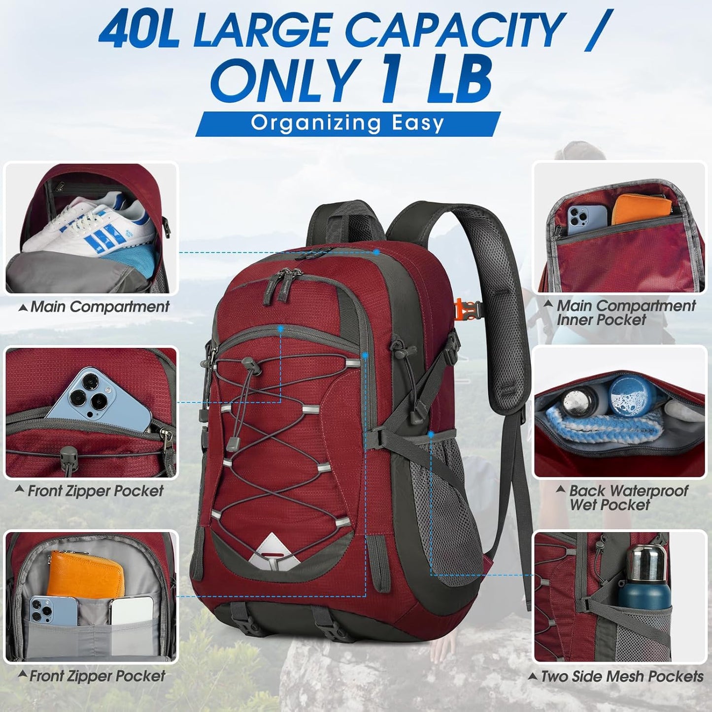 40L Waterdichte Wandel- & Kampeerrugzak – Lichtgewicht & Opvouwbaar – 1+1 GRATIS