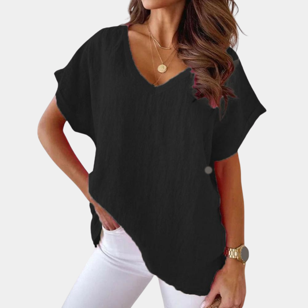 Luchtige V-hals linnenblouse met losse pasvorm – Mailin