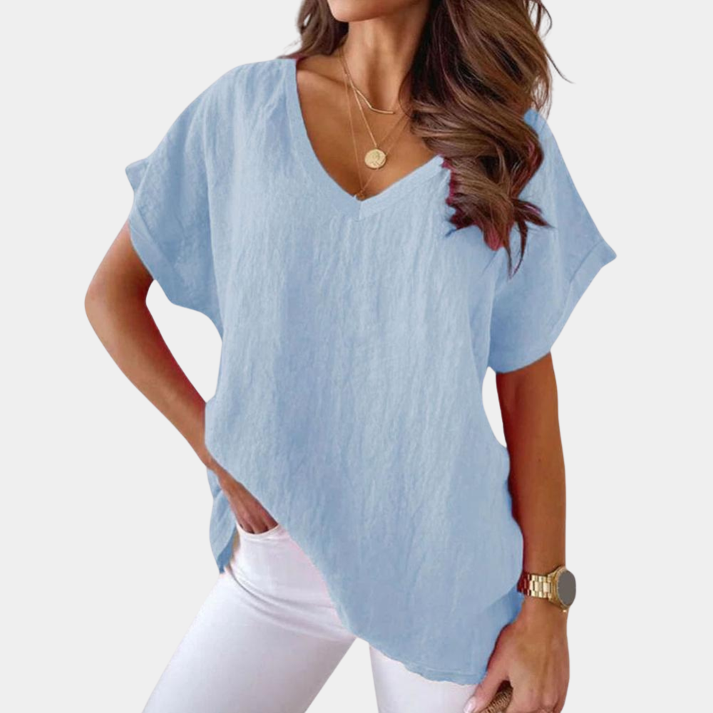 Luchtige V-hals linnenblouse met losse pasvorm – Mailin