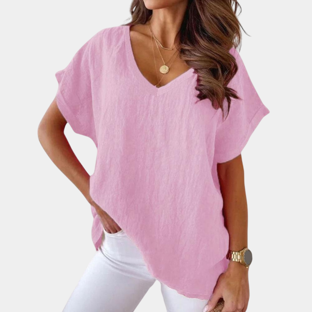 Luchtige V-hals linnenblouse met losse pasvorm – Mailin