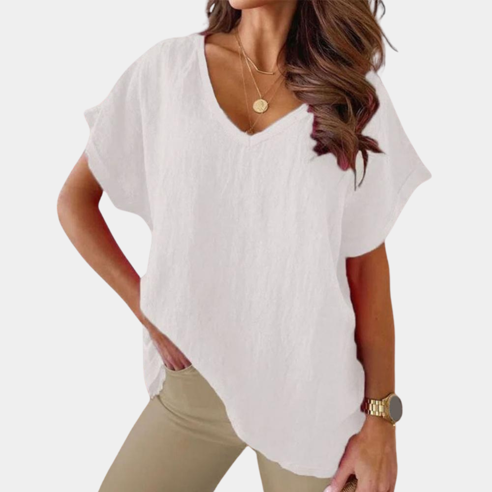 Luchtige V-hals linnenblouse met losse pasvorm – Mailin