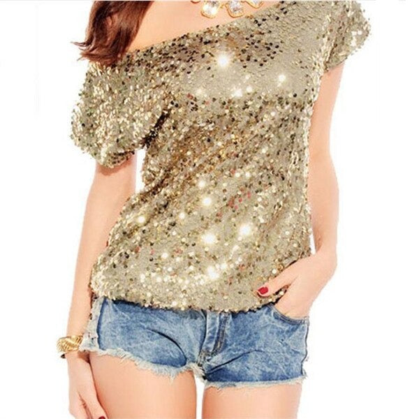Trendy One Shoulder T-shirt met pailletten voor zomernachten - GlamGlanz