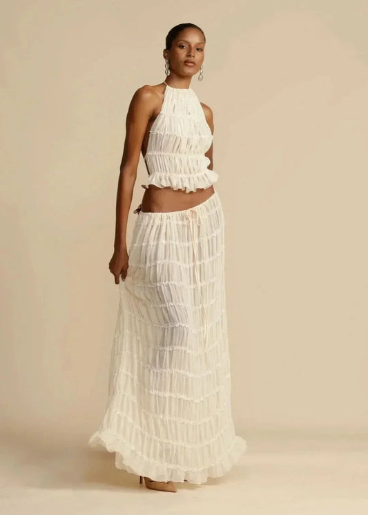 Tweedelige zomeroutfit voor dames met een Boho-rok en een schoudervrije top – Alina