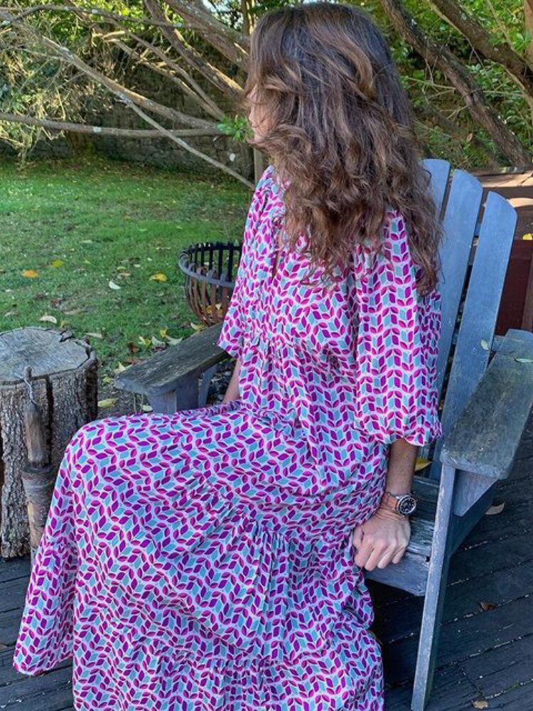 Bedrukte Maxi Jurk met Tailleband – Aurelia