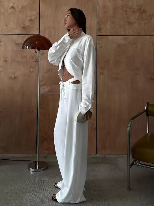 Luchtige & Stijlvolle Tweedelige Linnen Damessetmet Lange Mouwen Shirt en Broek – Nayela