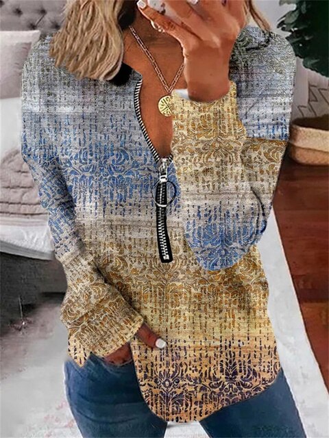 Dames Top met Vintage Patroon en Halve Rits – Milara