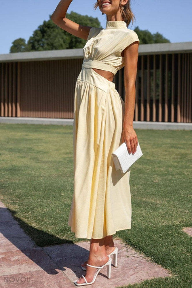 Trendy Midi Zomerjurk met Col en Taille Uitsparing – Avelina