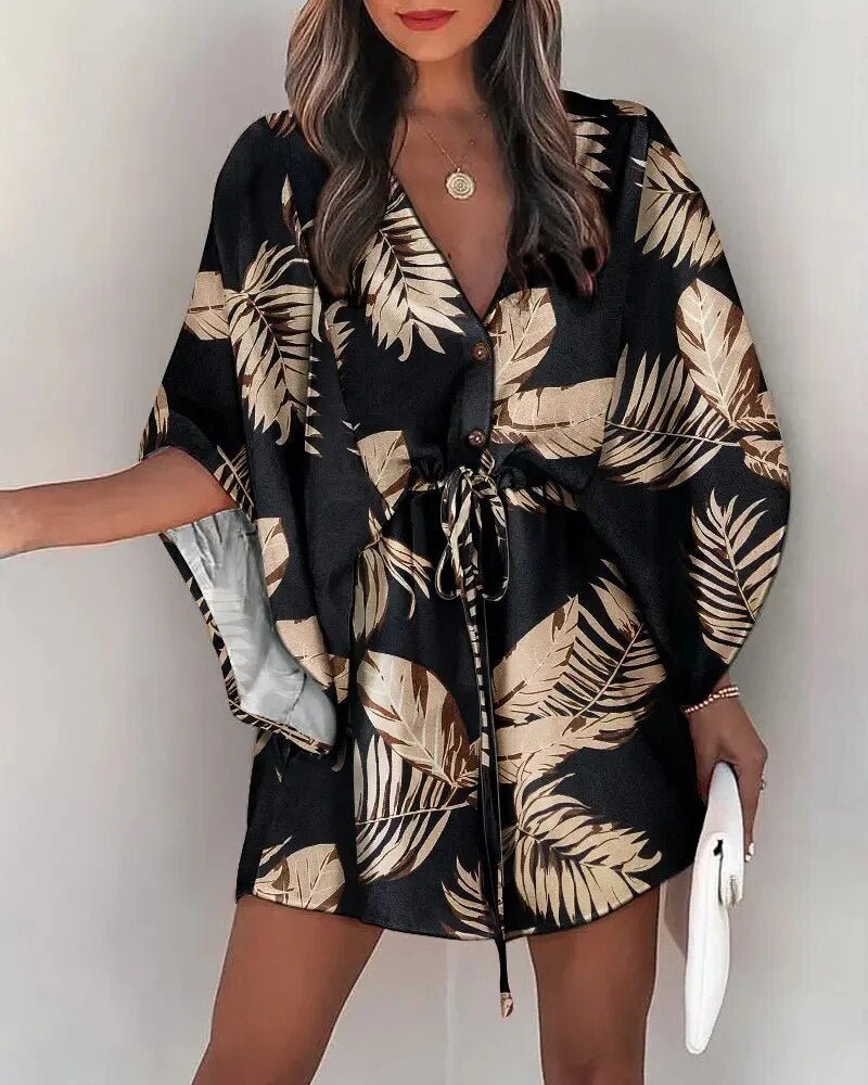 Zomerkleed met V-hals en ruche mouwen – Amira