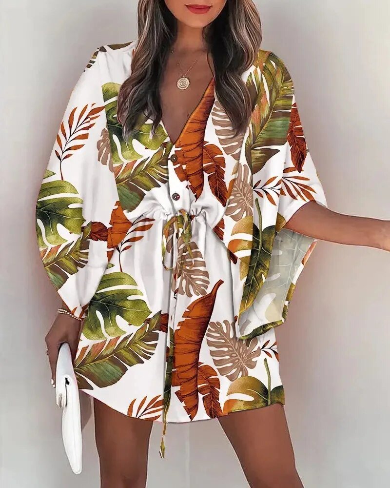 Zomerkleed met V-hals en ruche mouwen – Amira