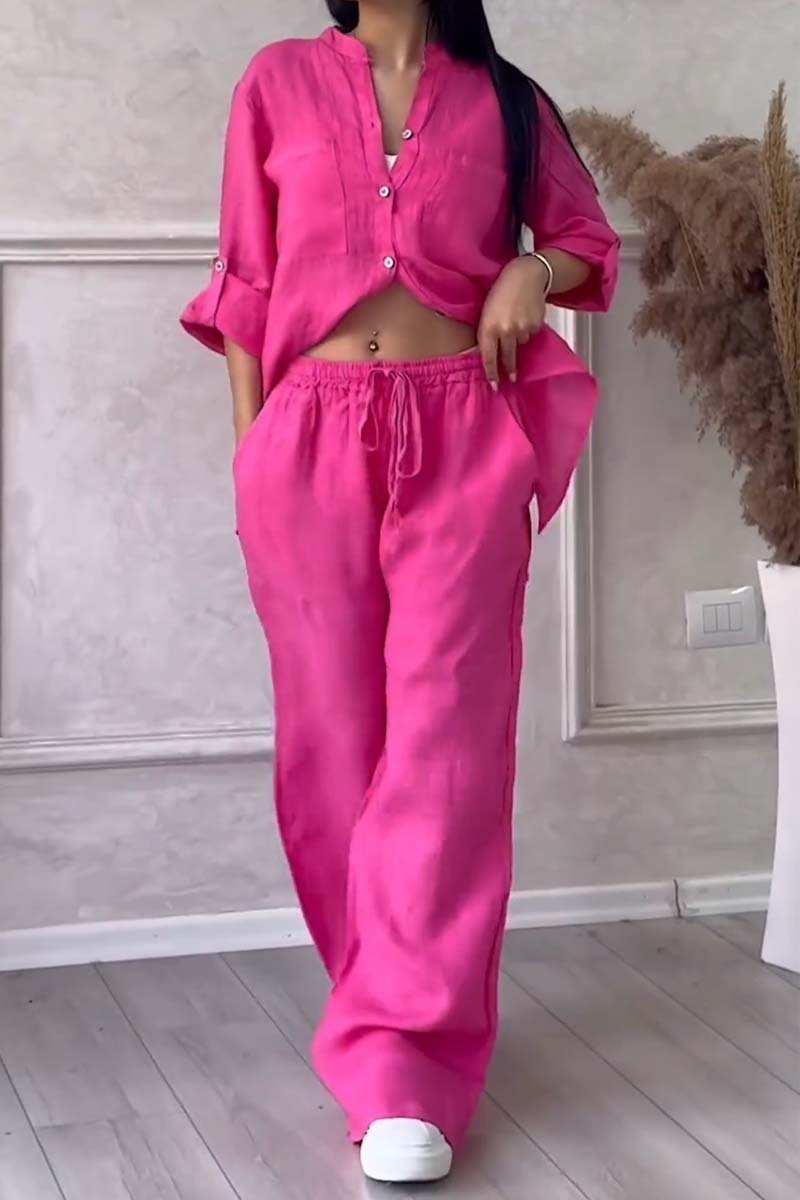 Trendy tweedelige linnen dames set met blouse en wijde broek - Lina