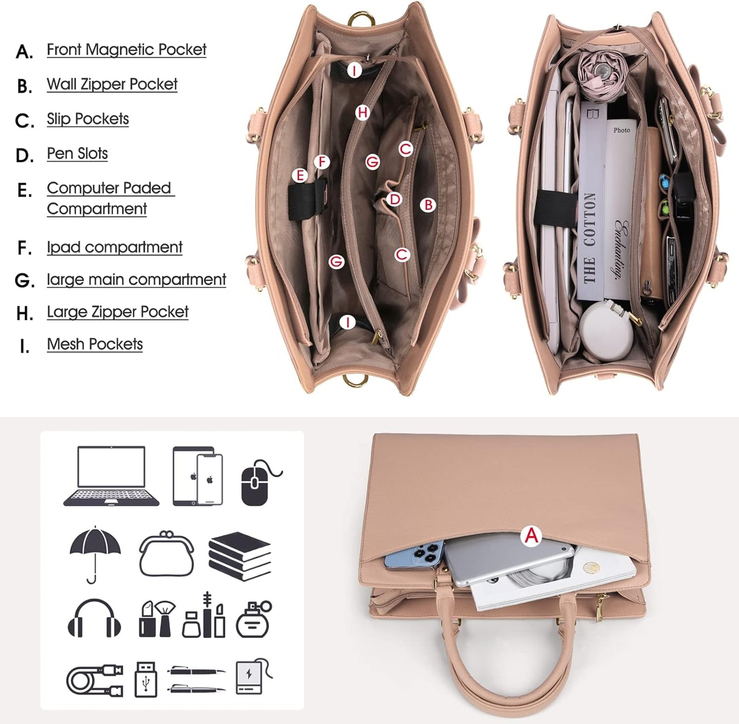 Waterdichte PU Leren Laptoptas met Multi-Pocket Ontwerp voor Dames