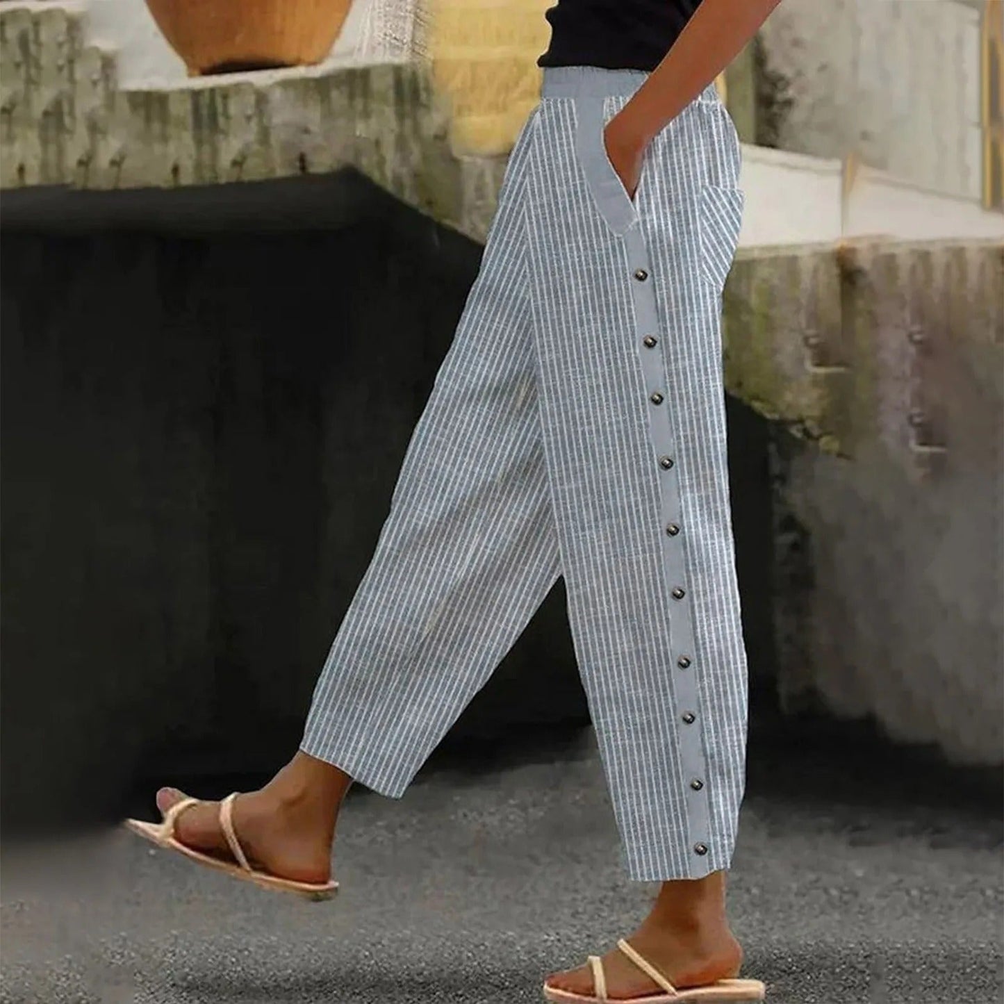 Gestreepte Hoge Taille Damesbroek met Decoratieve Knopen - Florence