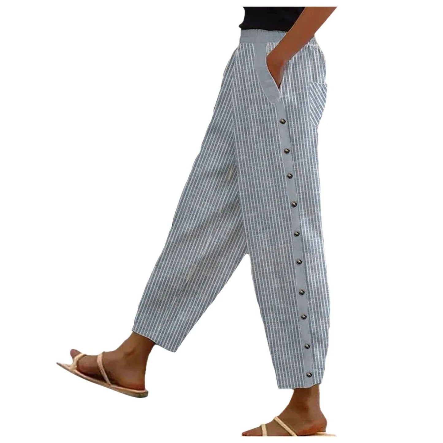 Gestreepte Hoge Taille Damesbroek met Decoratieve Knopen - Florence