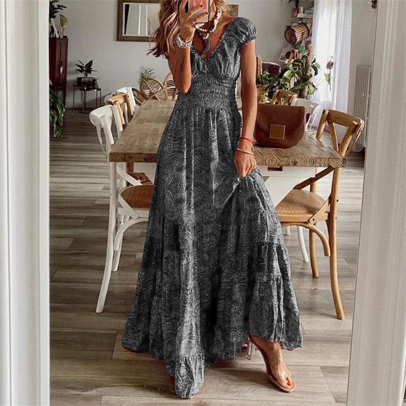Luchtige dames maxidress met boho print & V-hals - Nayeli