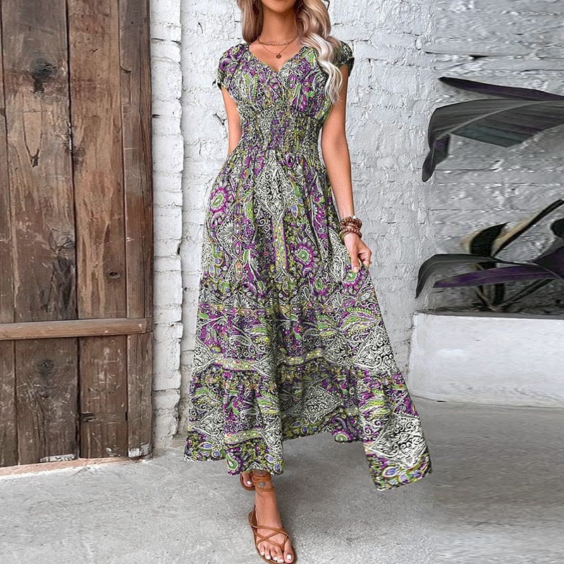 Luchtige dames maxidress met boho print & V-hals - Nayeli