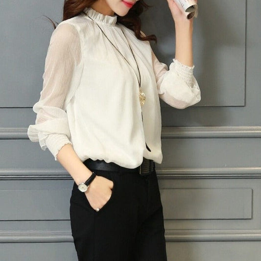 Stijlvolle dames chiffon blouse met ruches en transparante mouwen – Elina