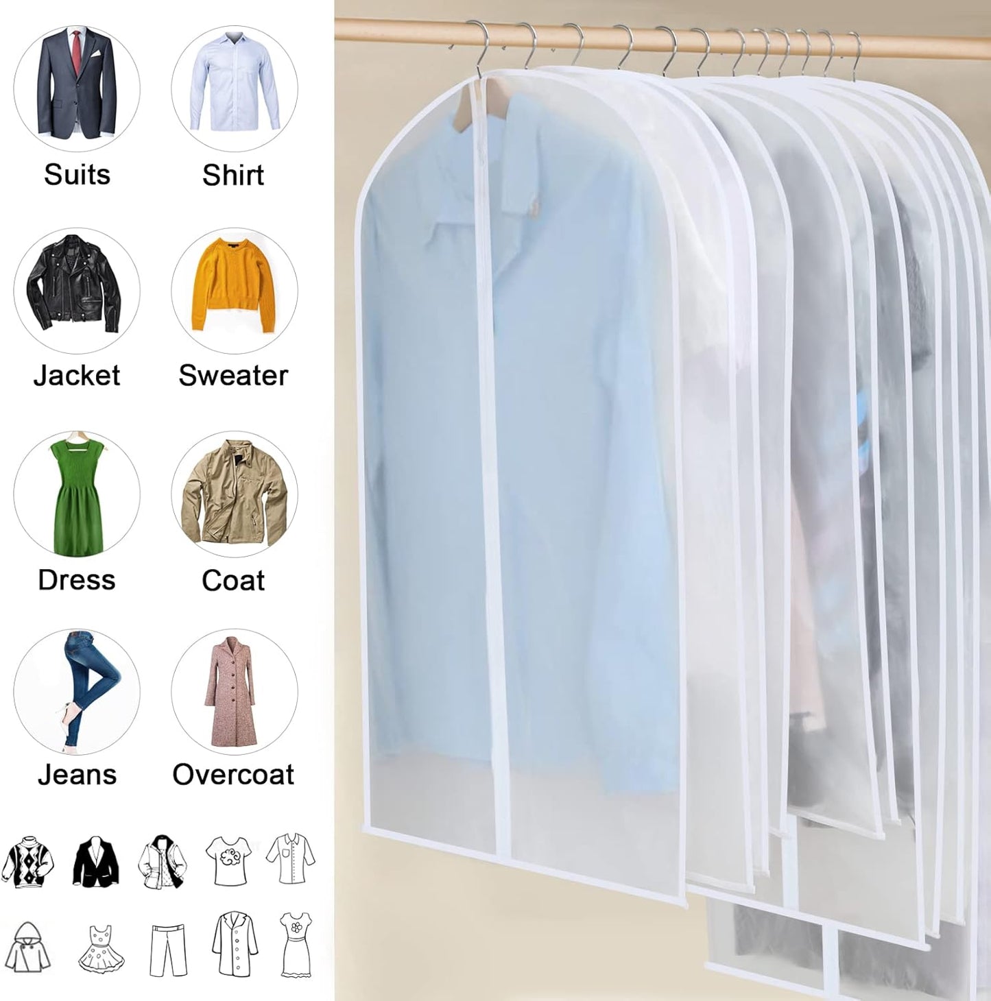 PEVA Kledinghoes Set – 12-Pack Hangende Kledinghoezen in 3 Maten (1 Kopen, Krijg 1 GRATIS)