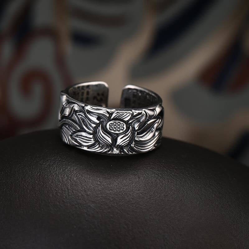 Zilveren Lotusbloem Boeddhistische Sutra Ring