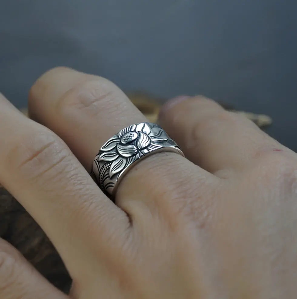 Zilveren Lotusbloem Boeddhistische Sutra Ring
