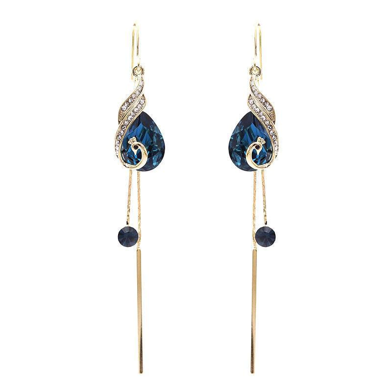 Blauwe Pauw Kristal Lange Oorbellen