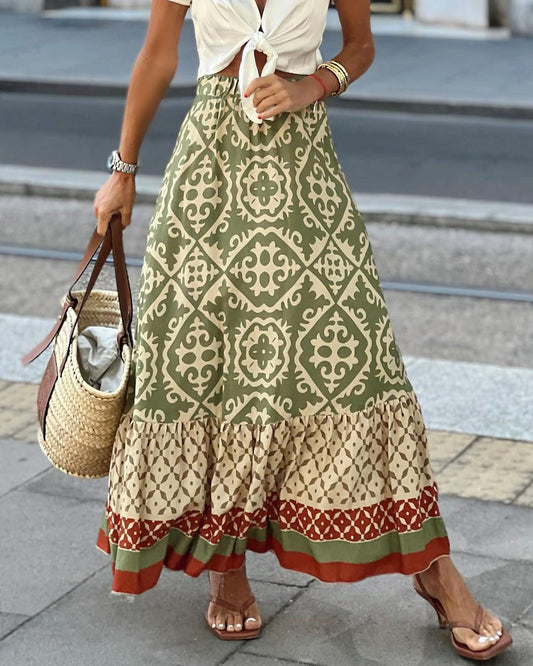Bedrukte Boho Maxirok met vloeiende snit en franjes – Yalina