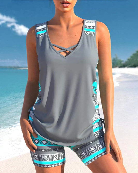 Trendy badmode met V-hals en geometrisch patroon – Tankini-set Madonna