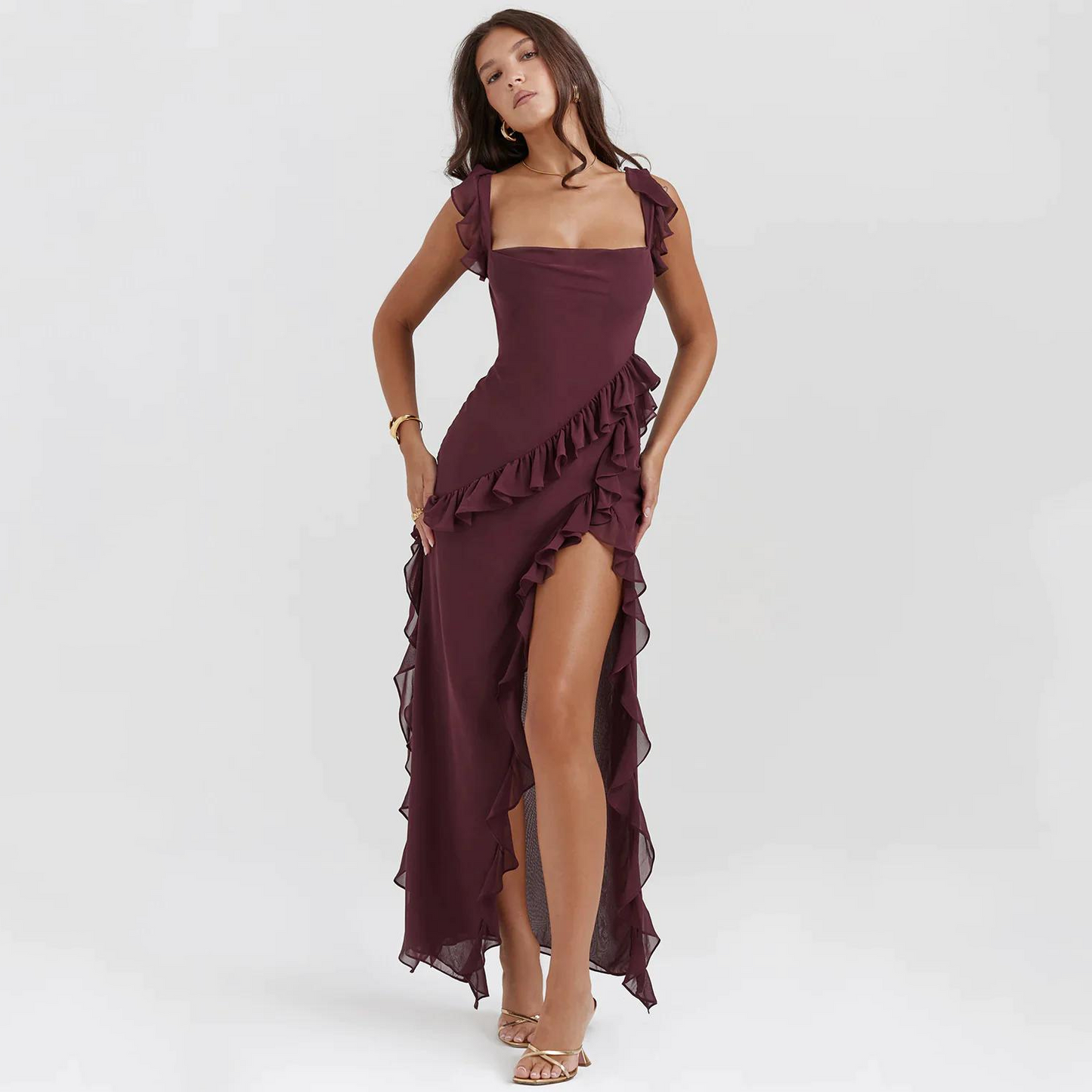 Trendy maxi jurk met ruches en chiffon voor de zomer – Amira