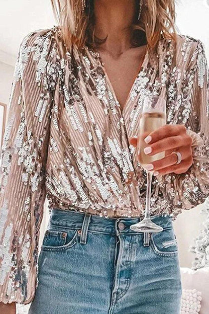 Fonkelend & Stijlvol Dames Glitter V-hals Lange Mouwen Top – Naya