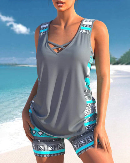 Trendy badmode met V-hals en geometrisch patroon – Tankini-set Madonna