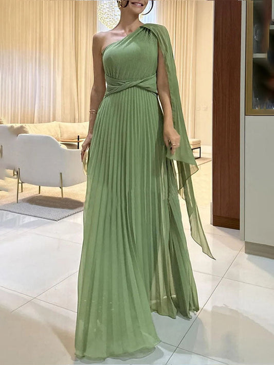 Trendy one-schouder maxi jurk met plisséplooien – Mirella