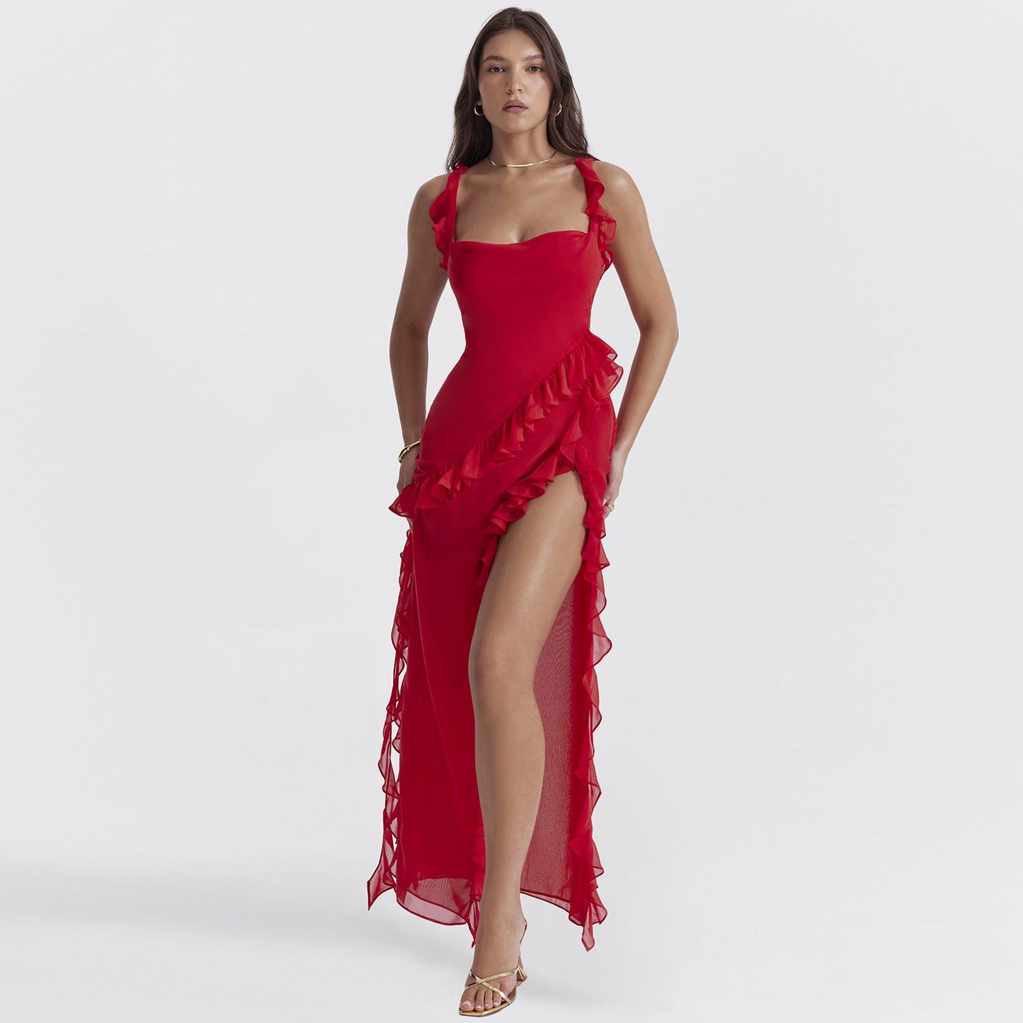 Trendy maxi jurk met ruches en chiffon voor de zomer – Amira