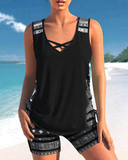Trendy badmode met V-hals en geometrisch patroon – Tankini-set Madonna