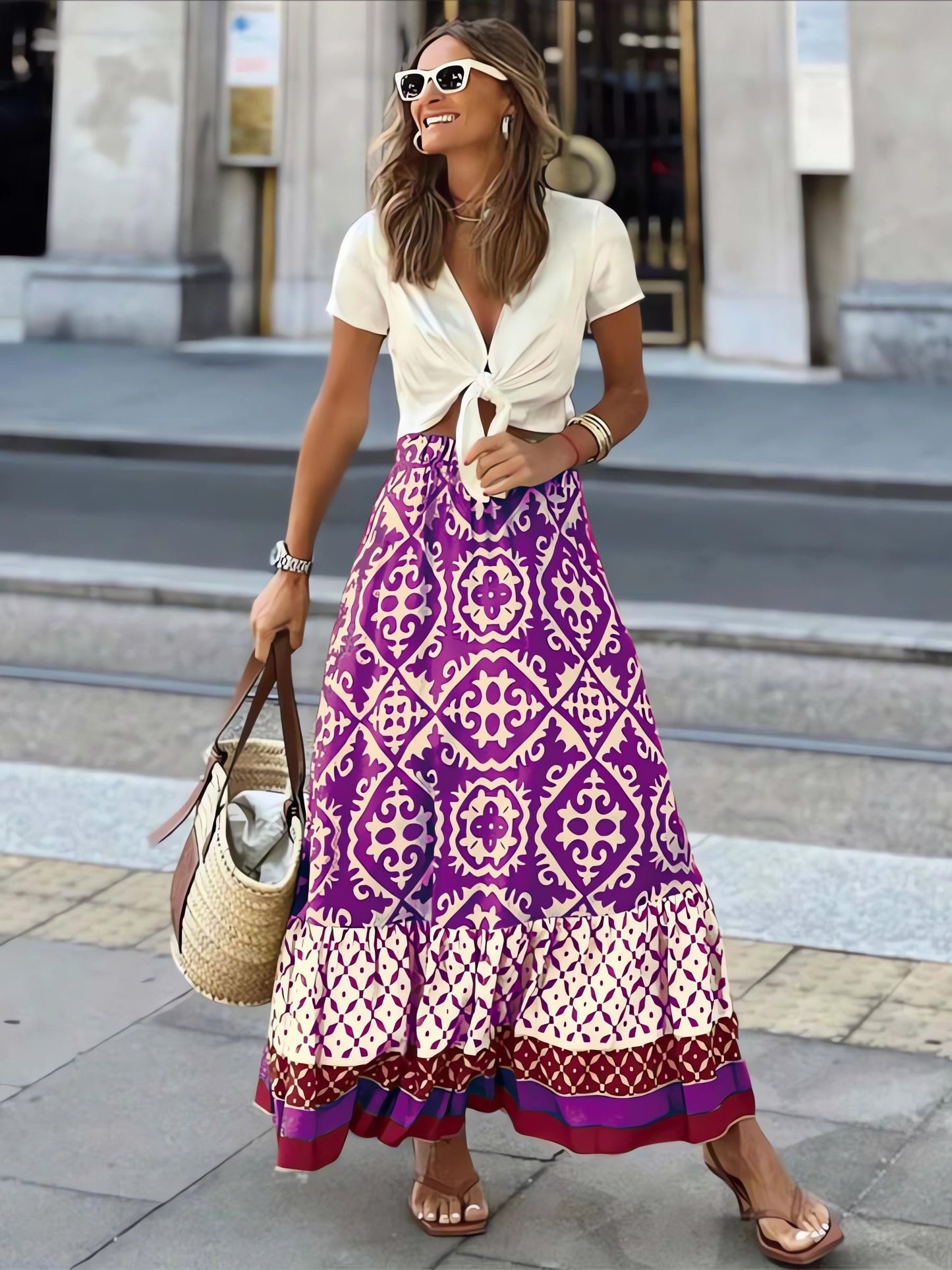 Bedrukte Boho Maxirok met vloeiende snit en franjes – Yalina