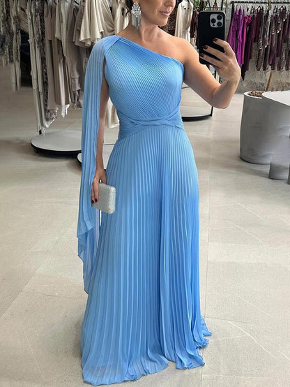 Trendy one-schouder maxi jurk met plisséplooien – Mirella
