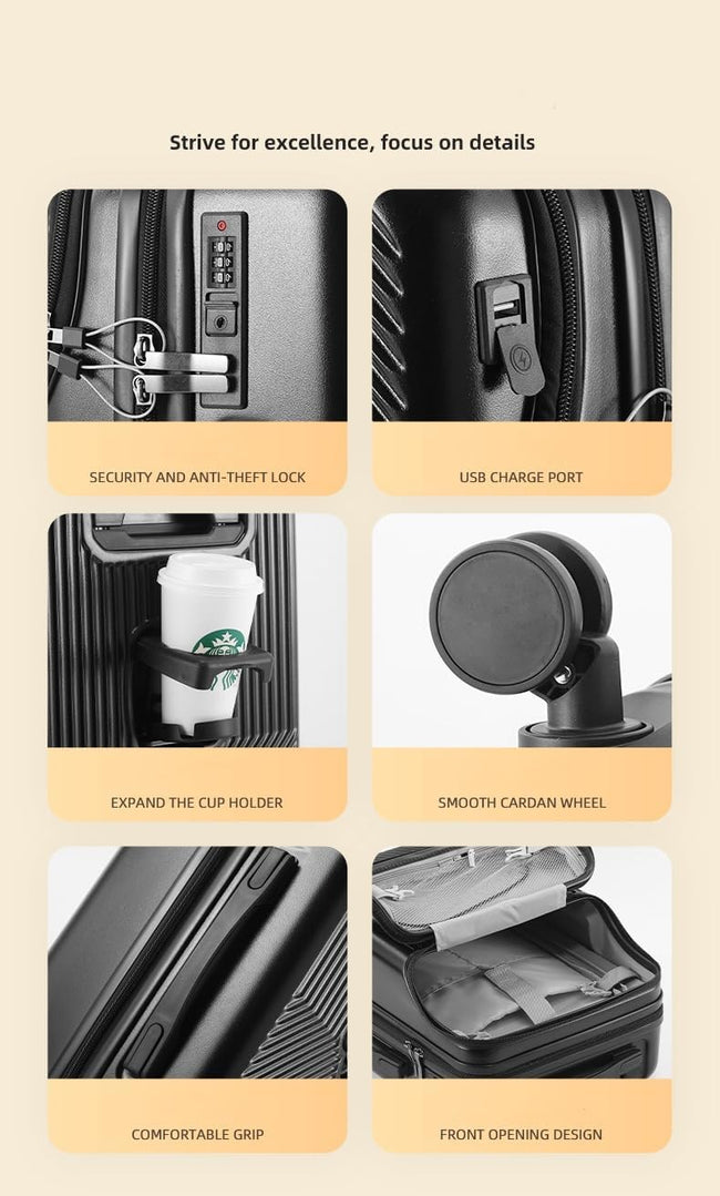 Hard Shell Handbagagekoffer met Bekerhouder, USB-poort & TSA-slot