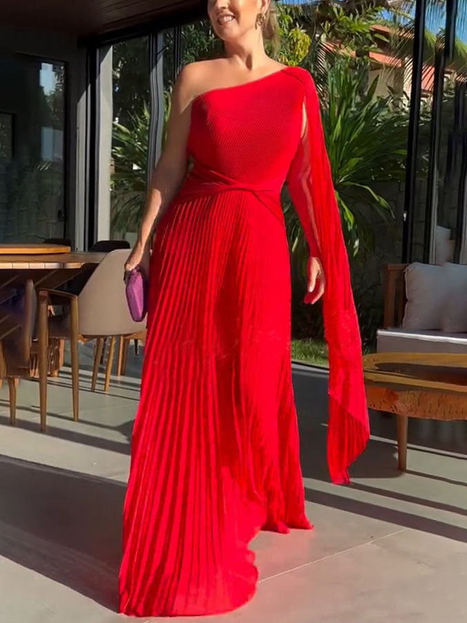 Trendy one-schouder maxi jurk met plisséplooien – Mirella