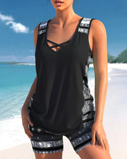Trendy badmode met V-hals en geometrisch patroon – Tankini-set Madonna