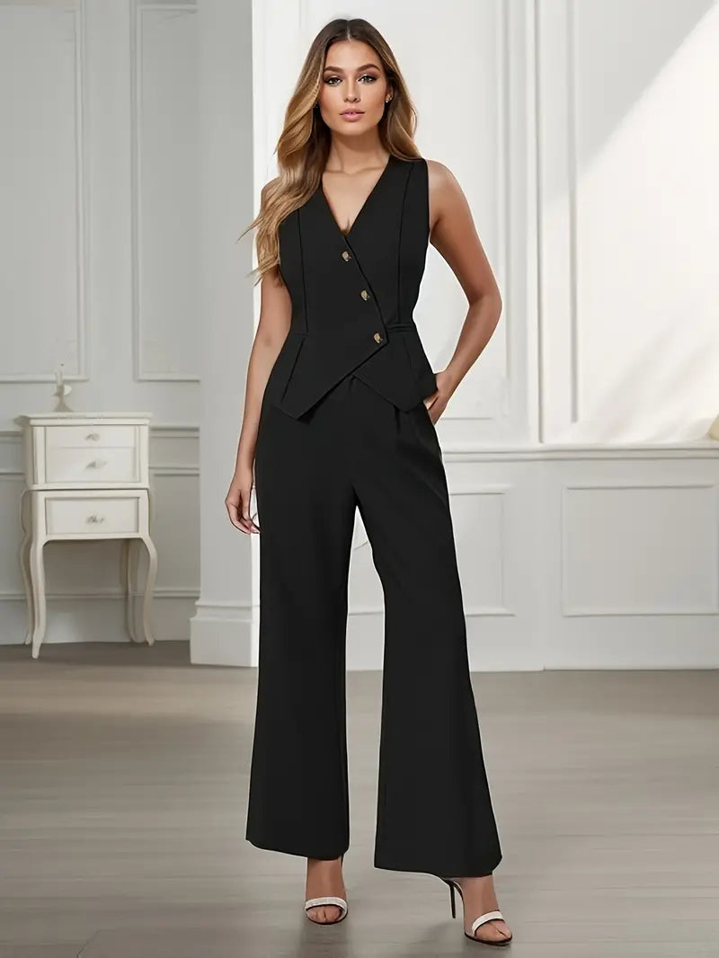 Trendy dames broekpakt met gilet & flare broek – Selina
