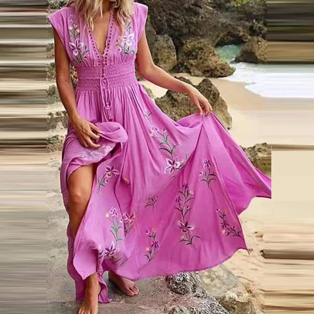 Boho Zomer Maxi Jurk met V-Hals en Luchtige Pasvorm - Talia