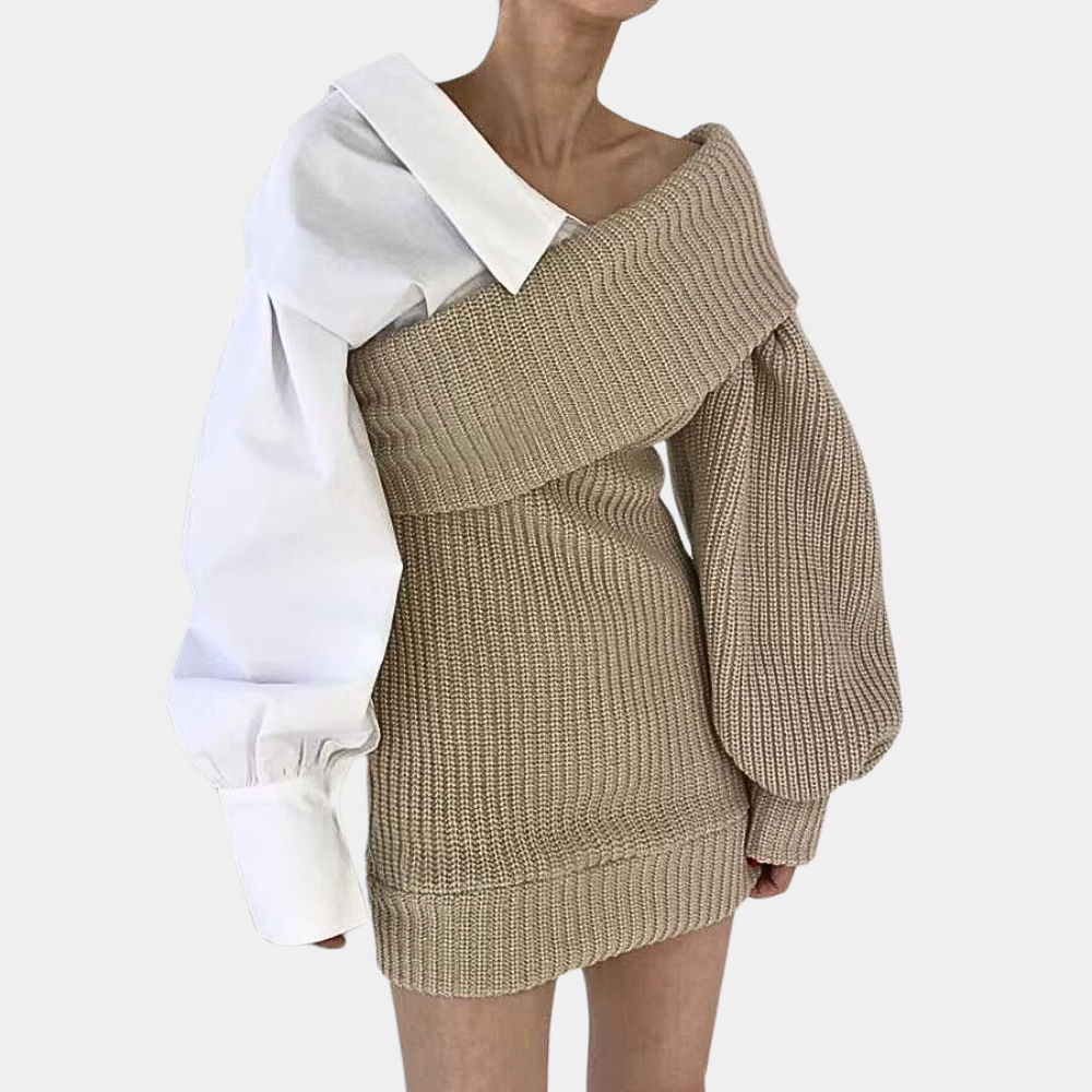 Gebreide Off-Shoulder Jurk met Contrasterende Mouwen – Selina