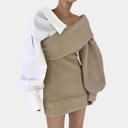 Gebreide Off-Shoulder Jurk met Contrasterende Mouwen – Selina