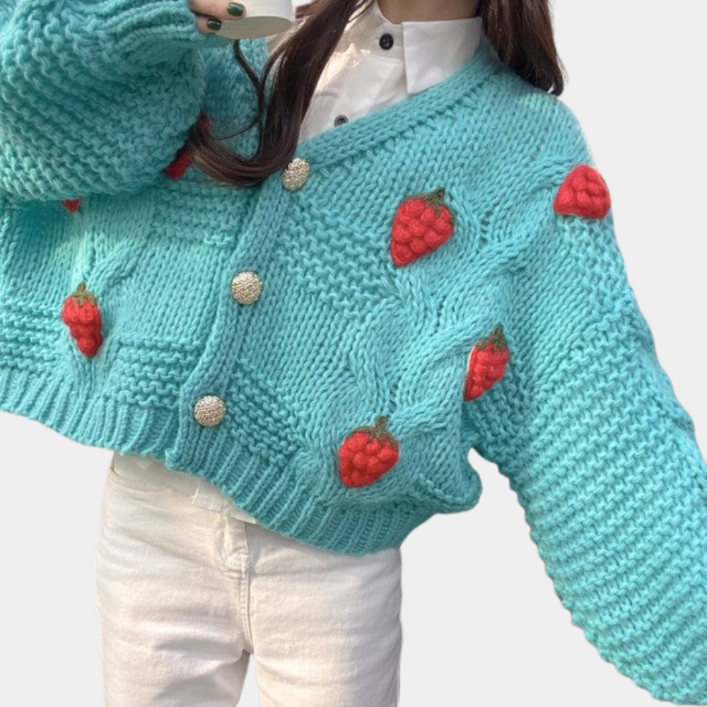 Gebreid Damesvest met Aardbei-Details – Poppy