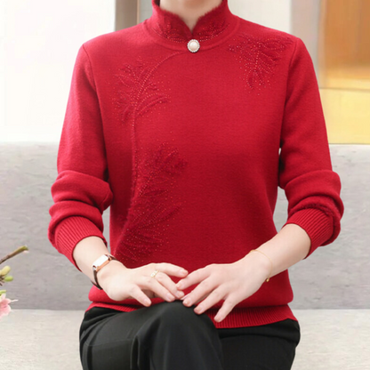 Gebreide Damestrui met Bloemenpatroon en Hoge Kraag – Alfhild