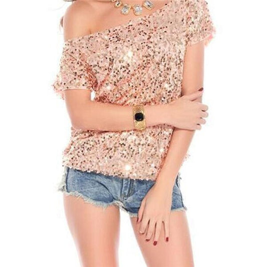 Trendy One Shoulder T-shirt met pailletten voor zomernachten -  GlamGlanz
