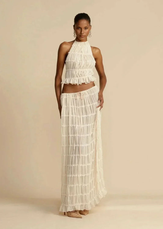 Tweedelige zomeroutfit voor dames met een Boho-rok en een schoudervrije top – Alina