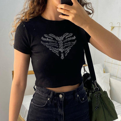 Trendy dames crop-top met strass-skeletpatroon - Yara