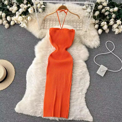 Trendy Rugloze Gebreide Maxi Jurk met Zijsplit– Liora