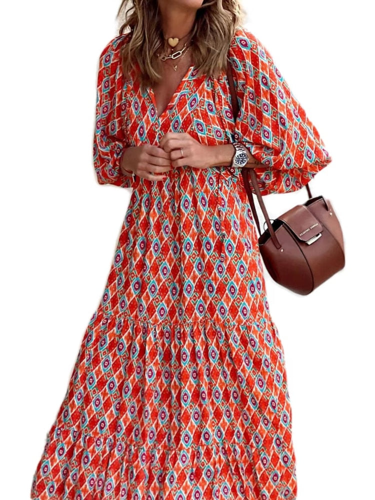 Bedrukte Maxi Jurk met Tailleband – Aurelia